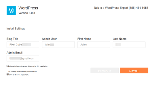 HostGator WordPress install settings